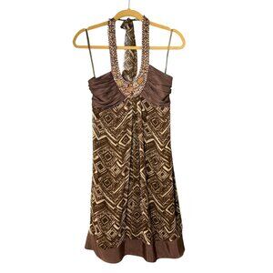 BCBGMAXAZRIA Vintage 100% Silk Beaded Halter‎ Dress Cottagecore Boho Y2K